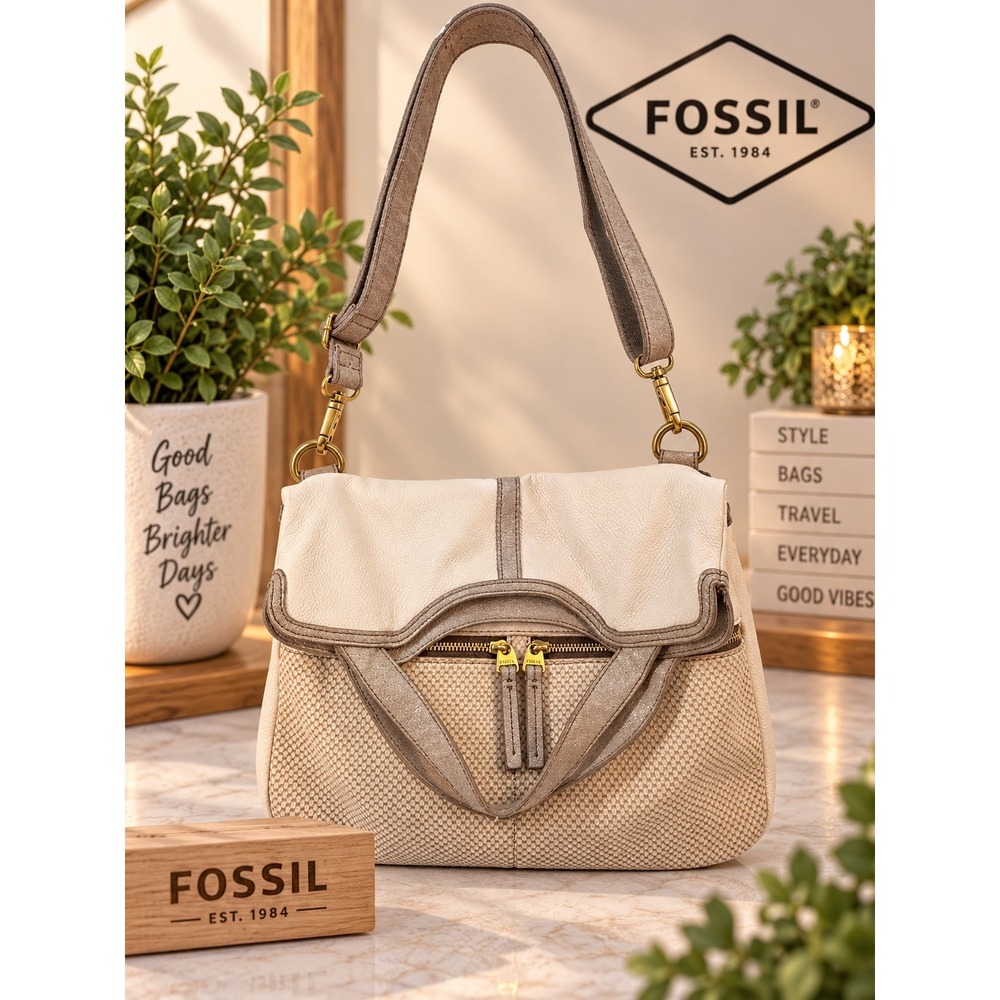 Fossil Erin Convertible Foldover Crossbody Bag Cream Leather Metallic Trim